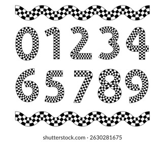 Checkerboard Numbers with Wavy Border Elements Black and White Racing Style Digits for Kids, Crafts, Prints, Graphic Design