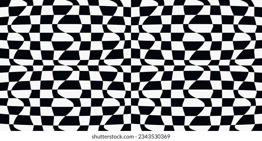 Checkerboard pattern from black and white racing phage, crooked checkerboard cells. For print and seamless use.