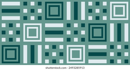 Checkerboard pattern of blue squares, dots, triple lines. Green background and repeating patterns.