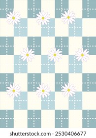 Schachbrettmuster in Blau und Weiß mit Gänseblümchen, perfekt für Hintergründe, digitale Designs, Textilien, Schreibwaren und Projekte mit Federmotiven.