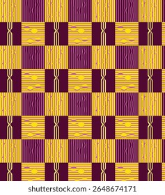 Um padrão xadrez com quadrados alternados de listras horizontais, listras verticais e uma forma de X ou ampulheta, tudo em amarelo e magenta