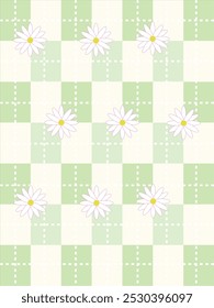 Checkerboard pattern green and white with daisies perfect for backgrounds, digital designs, textiles, stationery, and springthemed projects.