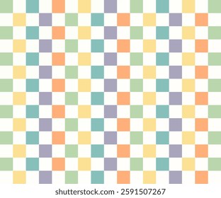 Checkerboard pattern with muted vintage rainbow colors, inspired by 1950s kitschy aesthetics. Perfect for textiles, wallpapers, stationery, branding, packaging, digital backgrounds, and home decor.