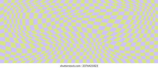 Checkerboard pattern. Purple and green psychedelic wavy background. Abstract grid warp texture. Y2k chessboard rave geometric design. Vector illustration