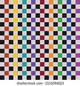 Patrón de tablero de ajedrez con colores arcoiris y celdas negras. Un vector de células idénticas pero coloreadas.