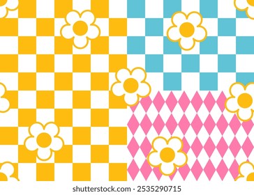 Checkerboard Pattern Seamless Background with Swatches and flower. Seamless pattern rhombus background. Abstract simple geometric texture