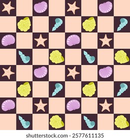 Checkerboard pattern with seashells, starfish, and pastel marine elements. Perfect for summer-themed designs, textiles, and decorations. Seamless and versatile for creative projects.