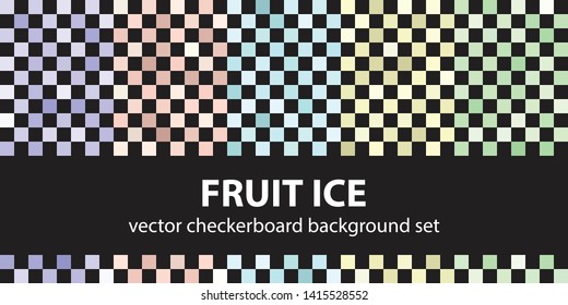 Checkerboard pattern set Fruit Ice. Vector seamless backgrounds - violet, rose, cyan, yellow, green squares on black backdrops