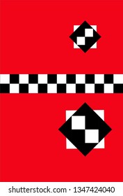 Checkerboard Pattern Strip with Square Accents Above and Below on Red Background