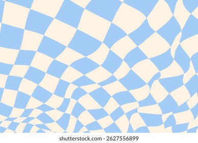 Checkerboard pattern with wavy check background and trippy chess texture. Warped board design with abstract black and white swirl grid. Retro textile with seamless squiggle motion and liquid tile