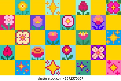 Checkerboard pixel flower y2k pattern with 8 bit blooms and stems on bright squares for retro gaming backgrounds. Colorful botanical tiles with roses, tulips and daisies. Nostalgic grid mosaic design.