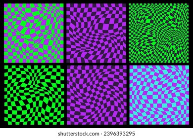 Checkerboard psychedelic pattern set acid neon color. Checkerboard background y2k retro grid. Psychedelic texture vector illustration.