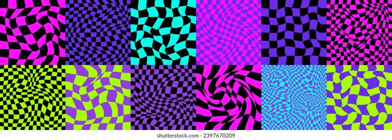 Checkerboard psychedelic pattern set acid neon color. Checkerboard background y2k retro grid. Psychedelic texture vector illustration.