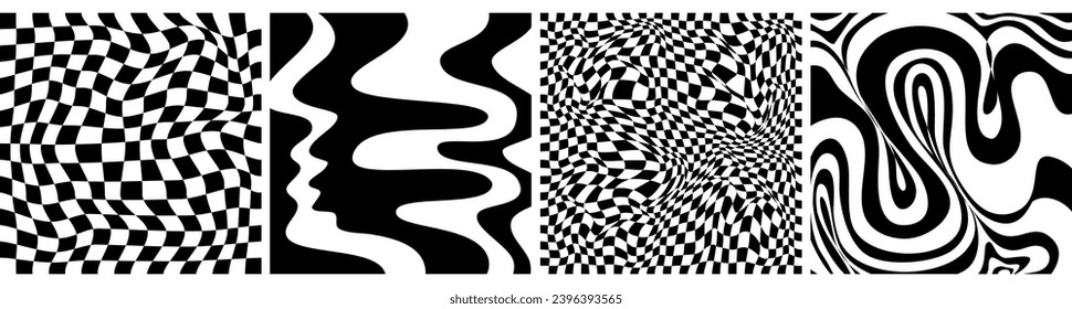 Checkerboard psychedelic pattern set black and white. Checkerboard background y2k retro grid. Psychedelic texture vector illustration.