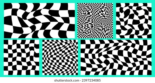 Checkerboard psychedelic pattern set black and white. Checkerboard background y2k retro grid. Psychedelic texture vector illustration.