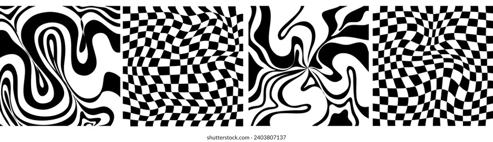 Checkerboard psychedelic pattern set black and white. Checkerboard background y2k retro grid. Psychedelic texture vector illustration.