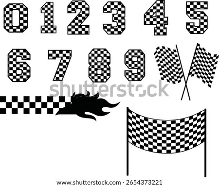 Checkerboard Racing Numbers and Flags Vector Set – Finish Line Sports Icons