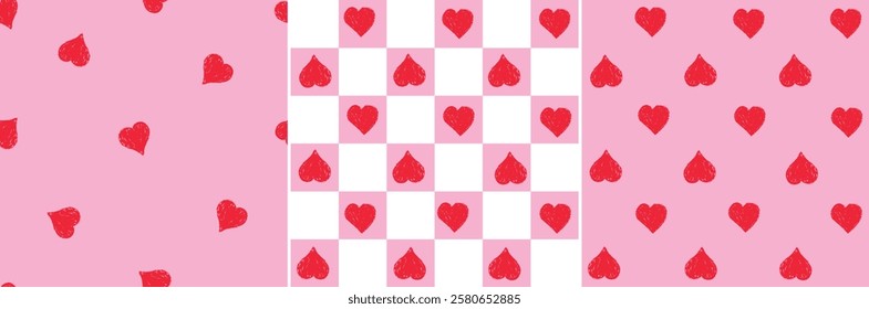 Checkerboard red hearts. Vector seamless pattern. Pink background. sketchy doodle. hand drawn abstract style. lattice print. Love heart shape. Pretty Valentine's day. girly cute design. Illustration