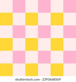 Checkerboard retro groovy background. Geometric pastel square texture in vintage y2k style. Hippie 70s pattern. Plaid pattern background. Pink and yellow colors.