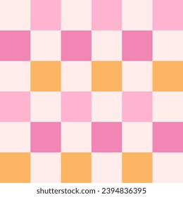 Checkerboard retro groovy background. Geometric pastel square texture in vintage y2k style. Hippie 70s pattern. Plaid pattern background. Pink and yellow colors.