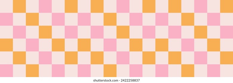 Checkerboard retro groovy background. Geometric pastel square texture in vintage Y2K style. Hippie 70s pattern. Plaid pattern background. Pink and yellow colors.