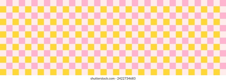 Checkerboard retro groovy background. Geometric pastel square texture in vintage y2k style. Hippie 70s pattern. Plaid pattern background. Pink and yellow colors.