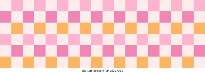 Schachbrett Retro groovy Hintergrund. Geometrische Pastellquadrat-Textur im Vintage Y2K-Stil. Hippie 70er Jahre Muster. Plaid-Muster Hintergrund. Rosa und gelbe Farben.