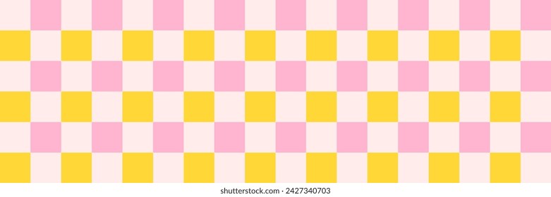 Checkerboard retro groovy background. Geometric pastel square texture in vintage y2k style. Hippie 70s pattern. Plaid pattern background. Pink and yellow colors.