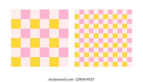 Checkerboard retro groovy background set. Geometric pastel square textures in vintage Y2K style. Hippie 70s patterns. Plaid pattern backgrounds. Pink and yellow colors.