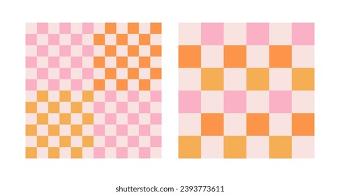 Checkerboard retro groovy background set. Geometric pastel square textures in vintage Y2K style. Hippie 70s patterns. Plaid pattern backgrounds. Pink and yellow colors.