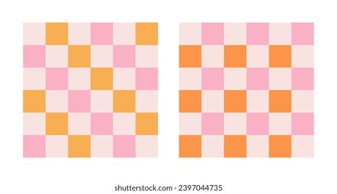Conjunto de fondo de la ranura del retro del tablero de ajedrez. Texturas cuadradas geométricas pastel en el estilo vintage Y2K. Patrones hippie de los años 70. Colocación de fondo de patrón. Colores rosa y amarillo.