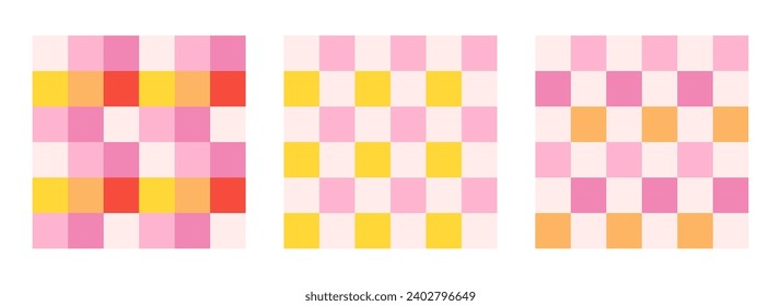 Checkerboard retro groovy background set. Geometric pastel square textures in vintage Y2K style. Hippie 70s patterns. Plaid pattern backgrounds. Pink, red, and yellow colors.