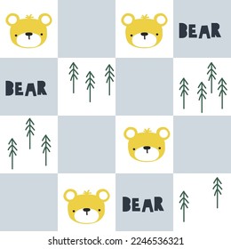 Checkerboard seamless pattern with bear and pines. Childish trendy print. Vector hand drawn illustration.