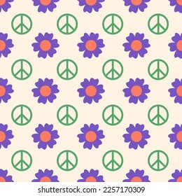 Checkerboard seamless pattern with flowers and peace symbols. Trendy vector background in retro style 60s, 70s.