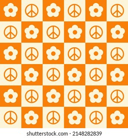 Checkerboard seamless pattern with geometric shaped flowers and peace symbols. Trendy vector background in retro style 60s, 70s.