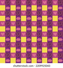 Checkerboard seamless pattern with hand drawn hearts and lips. Colourful and creative repeat background design.
