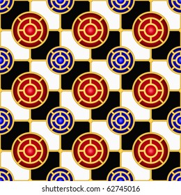 Checkerboard seamless pattern with hemispheres and golden elements