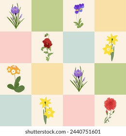 Motif harmonieux de damier avec fleurs printanières. Illustration esthétique de jardin vectoriel simple et tendance avec fond pastel pour les impressions, tissu, papier d'emballage, fond d'écran, textile, couverture