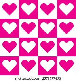 Checkerboard seamless Pattern with valentine heart symbols. Valentine's day pink and white romantic chessboard vector design with hearts for textile, print, fabrics, wallpaper and background.