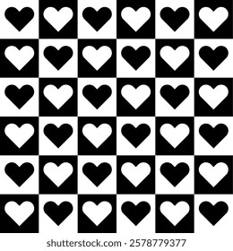 Checkerboard seamless Pattern with valentine heart symbols. Valentine's day black and white romantic chessboard vector design with hearts for textile, print, fabrics, wallpaper and background.