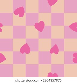 Checkerboard seamless repeated pattern with oversized heart motifs scattered across the grid. Bold two-tone checker squares provide a graphic structured ground, while large tilted heart shapes sit loosely across the blocks at irregular angles. Modern Playful Surface Pattern Design with a sweet, romantic and retro-groovy character. Ideal for Valentine's Day textile, gift wrap and apparel applications.