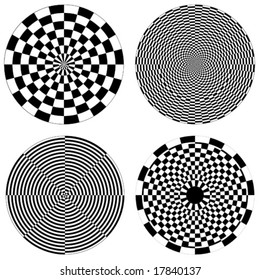 Checkerboard Spirals, Dartboard: four black and white optical illusion check design patterns. EPS10 compatible.
