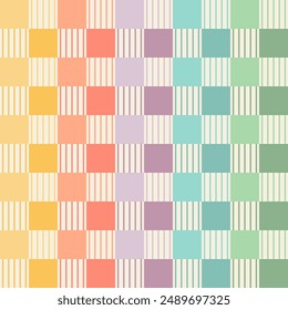 Checkerboard with squares and small vertical lines in muted vintage kitschy 1950s rainbow colours