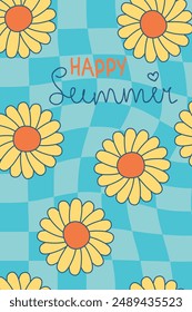 Checkerboard vector summer poster with daisy flowers. Simple hand drawn template for banner, cover, label, sale.