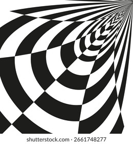 Checkerboard vortex pattern. Warped abstract shape. Black white Vector. Distorted geometric illusion. EPS 10.