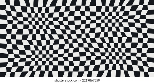 Checkerboard warped and seamless pattern. Black and white cellular grid. For the design of seamless surfaces.