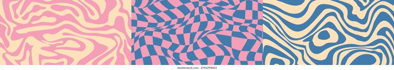 Checkerboard and wave groovy background. Vintage trippy chess pattern. Swirl y2k checkerboard background. Vector illustration