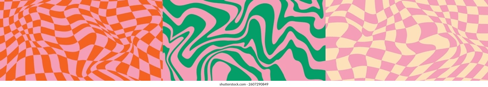 Checkerboard and wave groovy background. Vintage trippy chess pattern. Swirl y2k checkerboard background. Vector illustration
