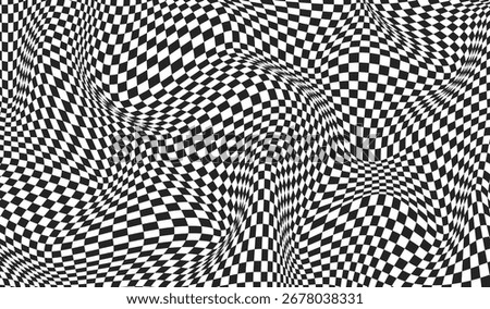 Checkerboard wavy background with geometric graphic. Abstract warped pattern. Chess square surface print. Checkered psychedelic optical illusion. Y2k design for banner. Vector illustration