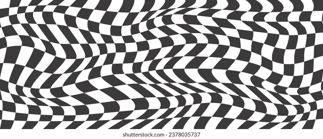 Checkerboard wavy pattern. Abstract chess square print. Black and white psychedelic optical illusion. Warped flag with geometric graphic. Y2k design for banner.